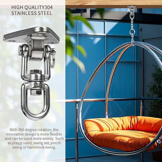 Stainless Steel Swing Hanger Heavy Duty 180°+360° Swivel Swing Hook Swing Hardware Kit for Yoga Swing Hammock Chair Porch Swing Sets Heavy Punching Bag 1500 LB Capacity