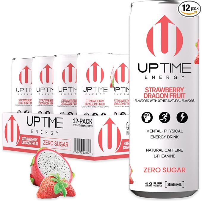 UPTIME Energy Drink, Strawberry Dragon Fruit Sparkling, 12 Pack, Vitamin C, L Theanine, Calcium, Sugar Free Energy Drinks for Focus Support, 142mg Natural Caffeine, 0 Calories, Natural, 12 fl oz Cans