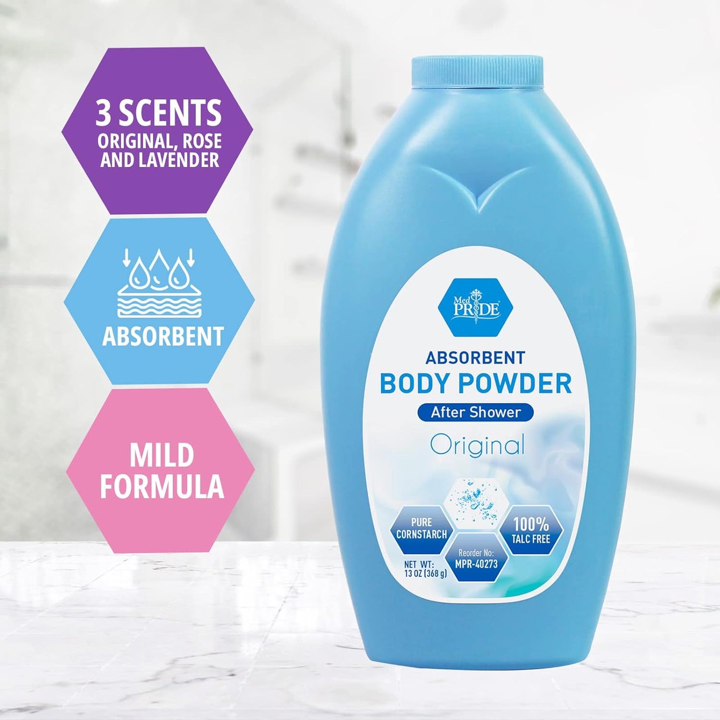MedPride Premium 100% Talc Free Baby Powder w/seal - Blue Bottle - 13 oz, 24/cs.
