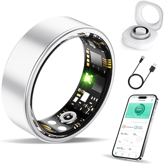 Smart Ring Health Tracker, Fitness Sleep and Heart Rate Monitor Smart Ring, Waterproof Bluetooth Fitness Tracker Ring IPX68 Waterproof (Silver, 9)