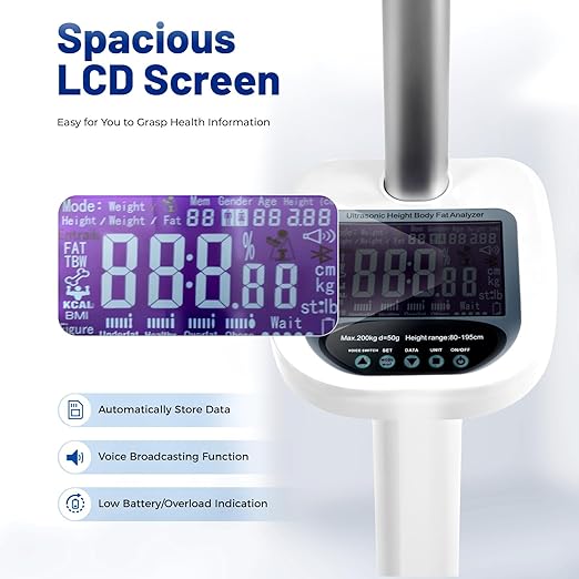 Professional Digital Physicians Scale 440Lbs, Multifunction Physician Medical Body Weight Scale, Ultrasonic Height and Weight Scale for Fat, Water, Muscle, Bone, Calories, BMI, LCD Display