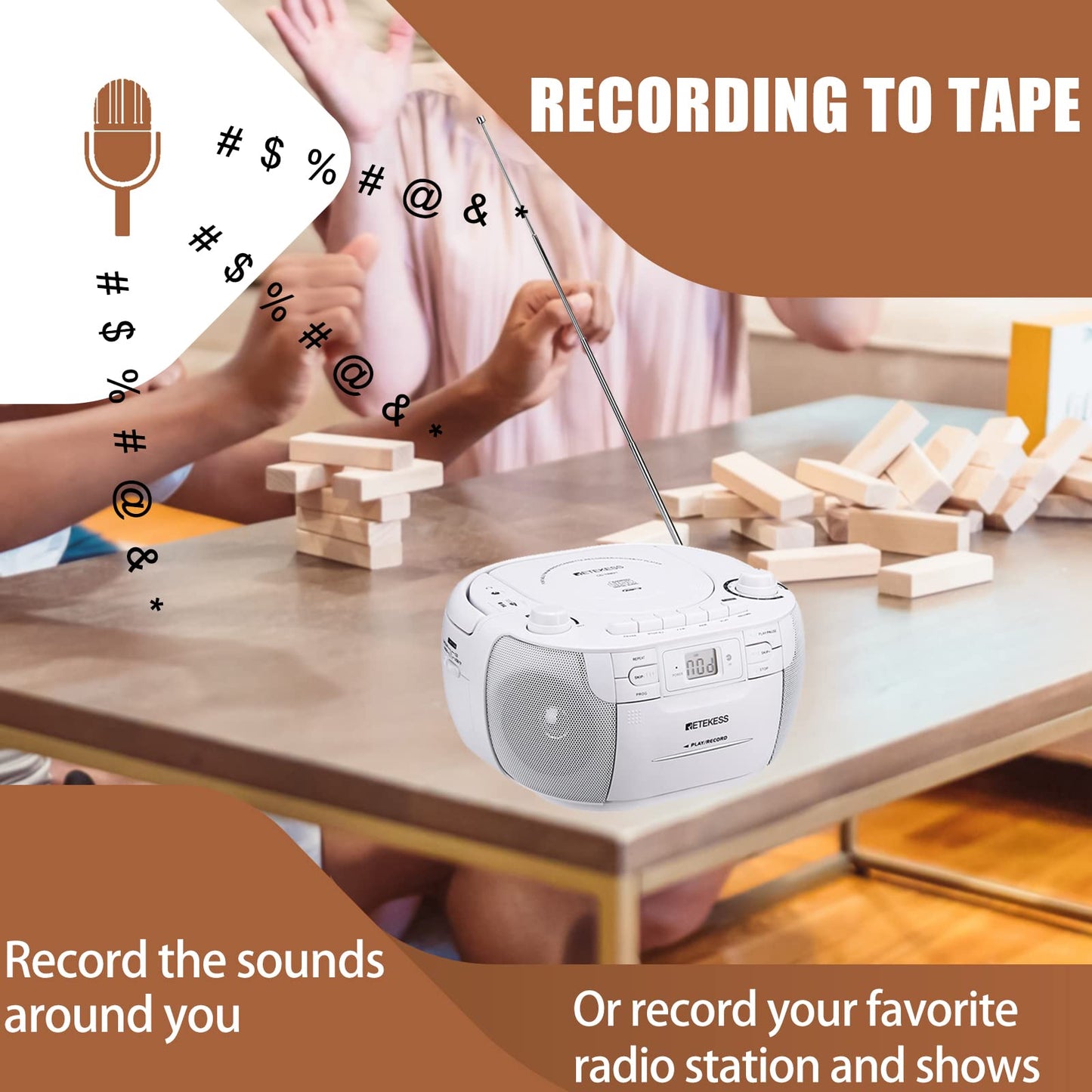 Retekess TR621 CD and Cassette Player Combo, Boombox CD Player for Home, AM/FM, Tape Recording, TF/USB Drive, AC or D Battery Powered, Headphone Jack, Stereo Sound (White)