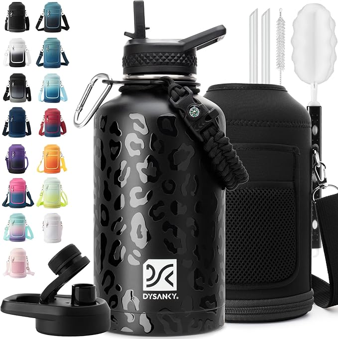 Insulated Water Bottle | Thickened Stainless Steel Vacuum Metal | Portable Sports Half Gallon Large Water Jug for Gym and Hiking with Straw, Carrier Bag, Handle Strap | BPA-Free 64 oz