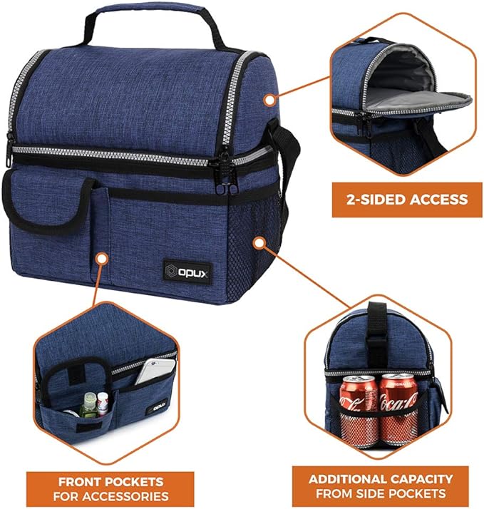 OPUX Lunch Box for Men, Adult Lunch Box Cooler, Insulated Lunch Bag Women, Dual Compartment Lunchbox for Work, Leakproof Double Decker Lunch Bag, Soft Lunch Pail Tote Boys Girls Kids School, Navy Blue
