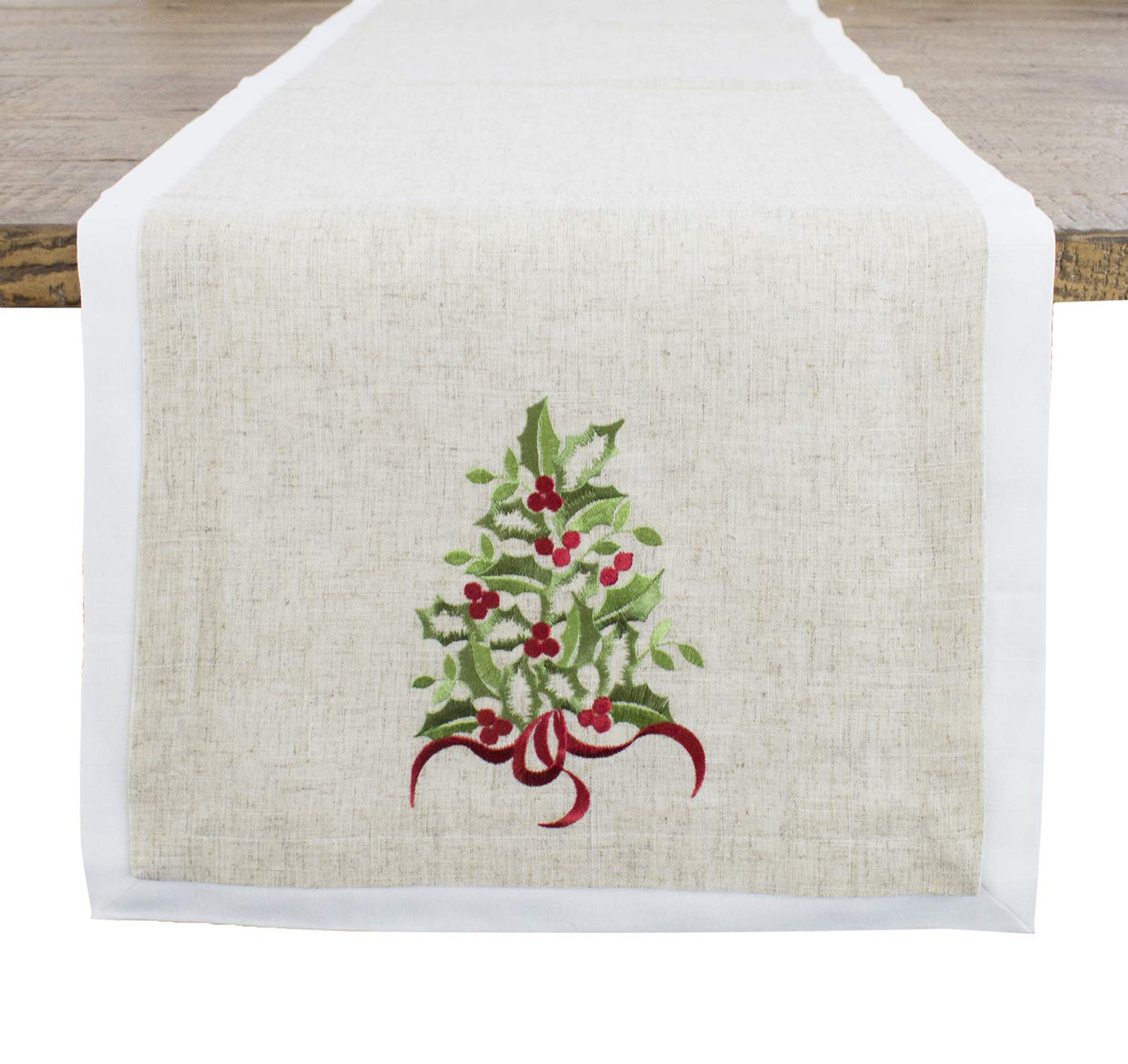 Fennco Styles Embroidered Holly Christmas Tree Double-Layer Holiday Tablecloth