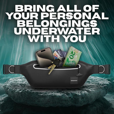 DRENCH 100% Underwater Waterproof Fanny Pack. Waist Pack. Submersible Waterproof Phone Pouch. Dry Bag for Swimming & Snorkelling. Underwater Phone case. (black with 2 rings)