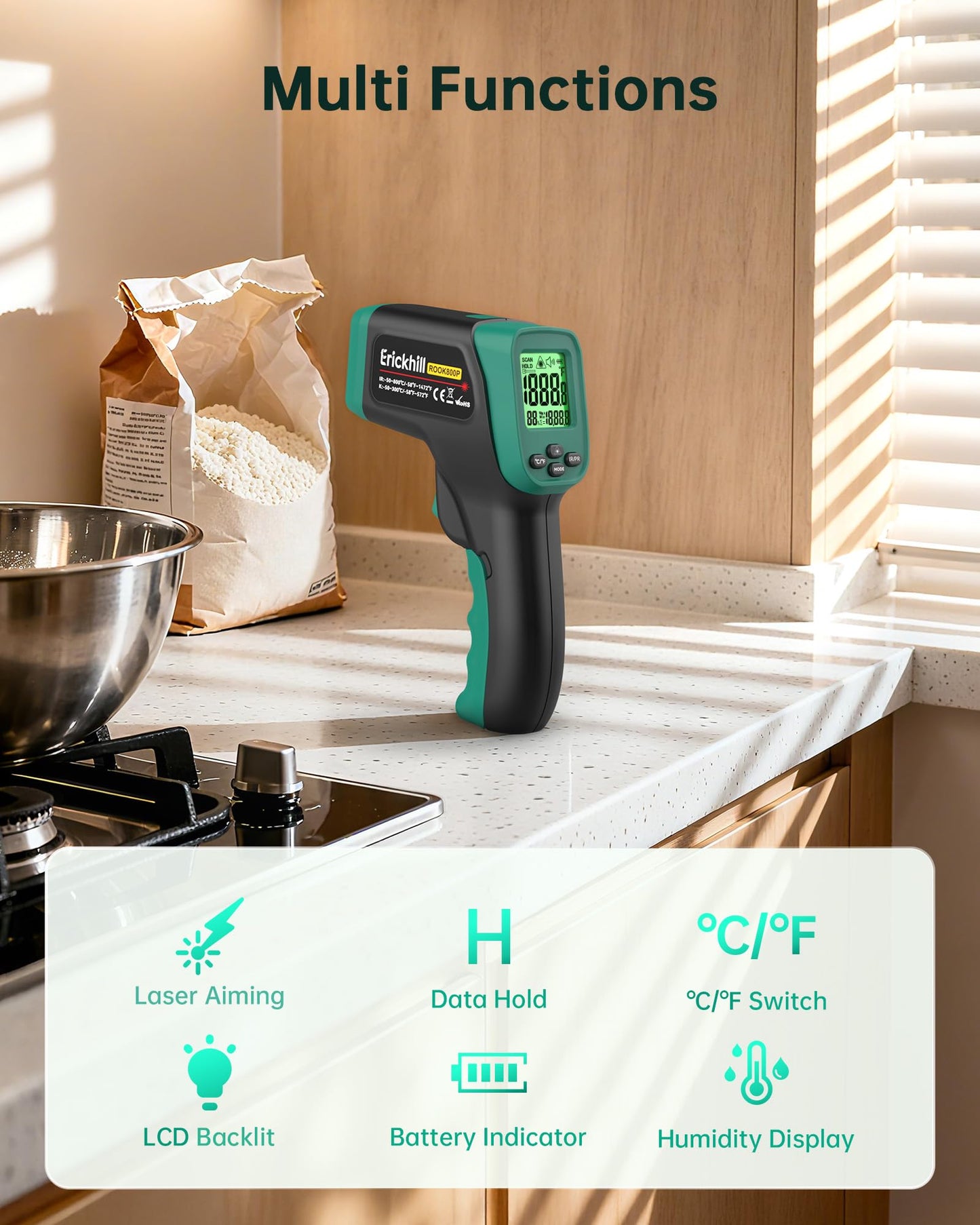 ERICKHILL ROOKMAX Infrared Thermometer Gun, Non-Contact Laser, Adjustable Emissivity, Color LCD, -58°F to 1472°F (-50°C to 800°C), for HVAC, Cooking & BBQ, Automotive, Freezer - Dark Green