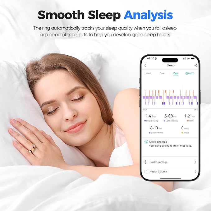 Smart Ring with Sleep Monitoring, No APP Subscription, 10-Day Battery Life, Stress/Heart Rate/Women's Health Tracker, Android & iOS Compatible (Silver, 8)
