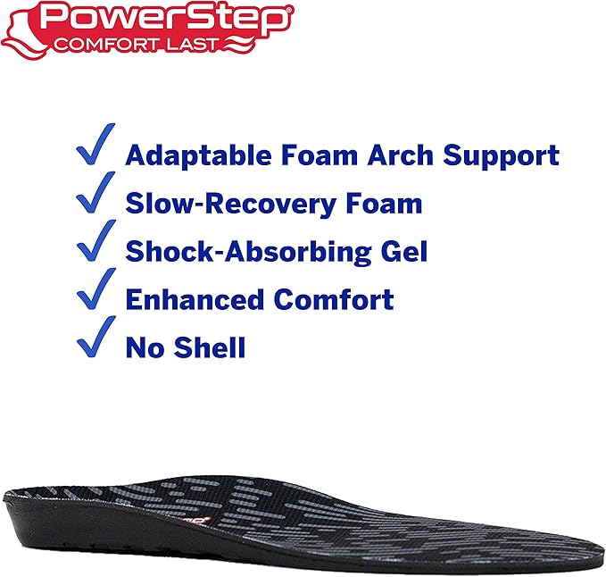 PowerStep Comfort Last Insoles, Cushioning Gel Insoles for Standing All Day, Supports Metatarsal Pain, Foot Arch, Heel Pain, All Day Comfort, Made in The USA (Men's 3-4.5 / Women's 5-6.5)