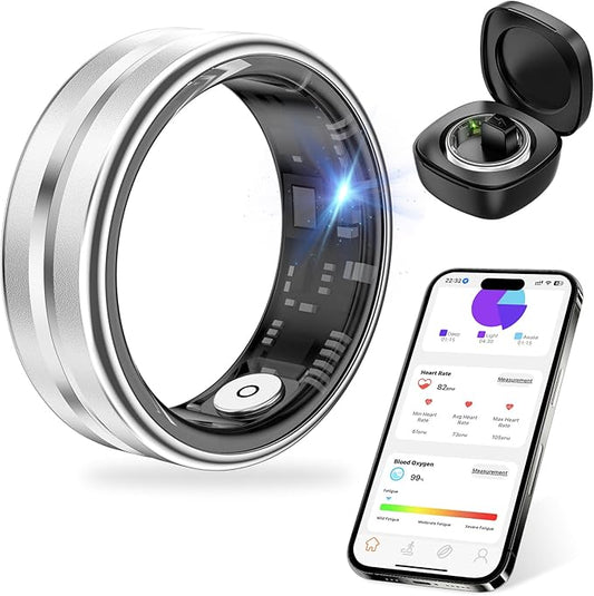Thin Smart Ring for Fitness & Health Tracking -Heart Rate/Blood Oxygen Monitor, 5ATM Waterproof, Sleep Analysis, Pedometer -No APP Subscription Compatible with Smartphone (Silver, 7)