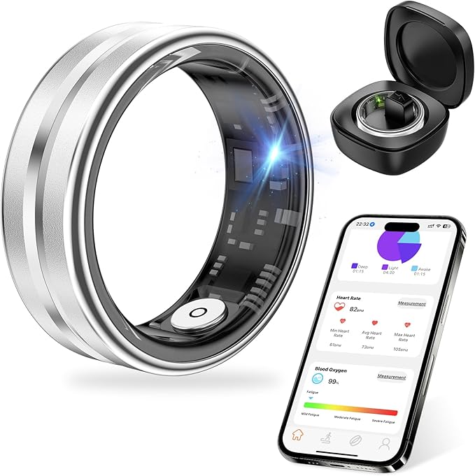 Thin Smart Ring for Fitness & Health Tracking -Heart Rate/Blood Oxygen Monitor, 5ATM Waterproof, Sleep Analysis, Pedometer -No APP Subscription Compatible with Smartphone (Silver, 12)