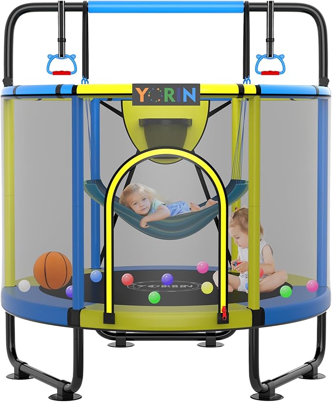 YORIN Trampoline for Kids 66'' 60'' 55'' Toddler Mini Small Trampoline Outdoor Indoor Trampoline W Basketball Hoop, Swing, Adjustable Gymnastics Bar, Gift for Baby, Toddlers & Kids