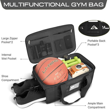 ETRONIK Gym Bags for Men Women, Tactical Duffle Bag Backpack with Shoe Compartment, 3 in 1 Carry on Travel Backpack with Wet Pocket, Weekender Overnight Range Bag for Workout Football Gym, Black