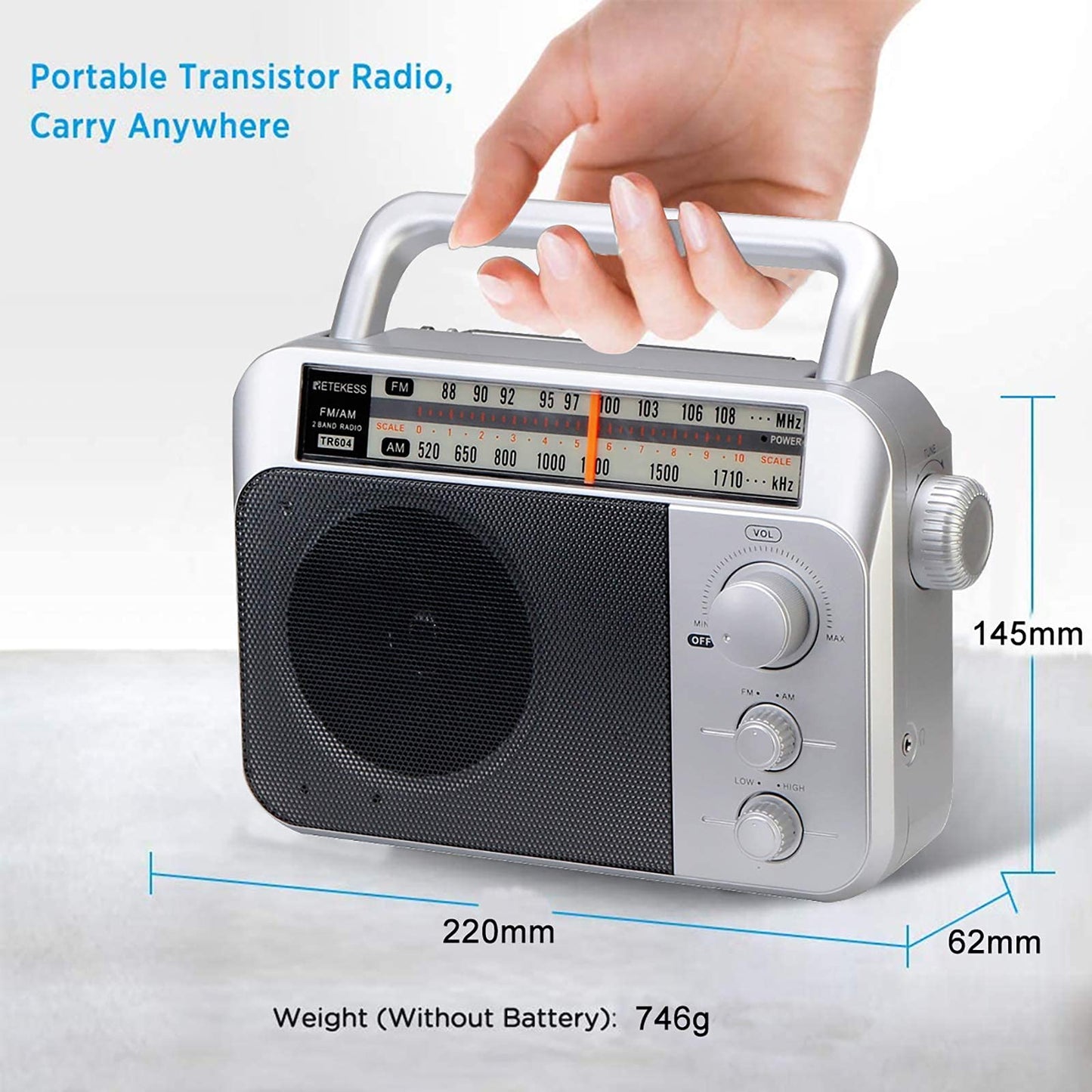 Retekess TR604 AM FM Radio,Portable Radio Plug in Wall,D Battery Operated,Large Dial,High/Low Tone Mode,Big Speaker,Earphone Jack,for Home,Picnic,Senior