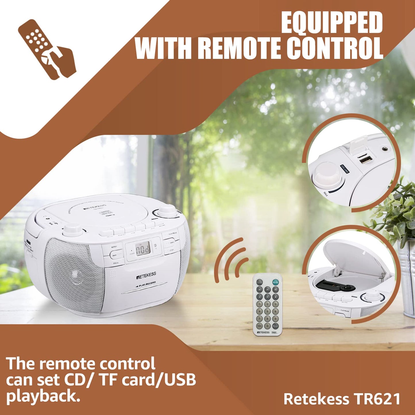 Retekess TR621 CD and Cassette Player Combo, Boombox CD Player for Home, AM/FM, Tape Recording, TF/USB Drive, AC or D Battery Powered, Headphone Jack, Stereo Sound (White)