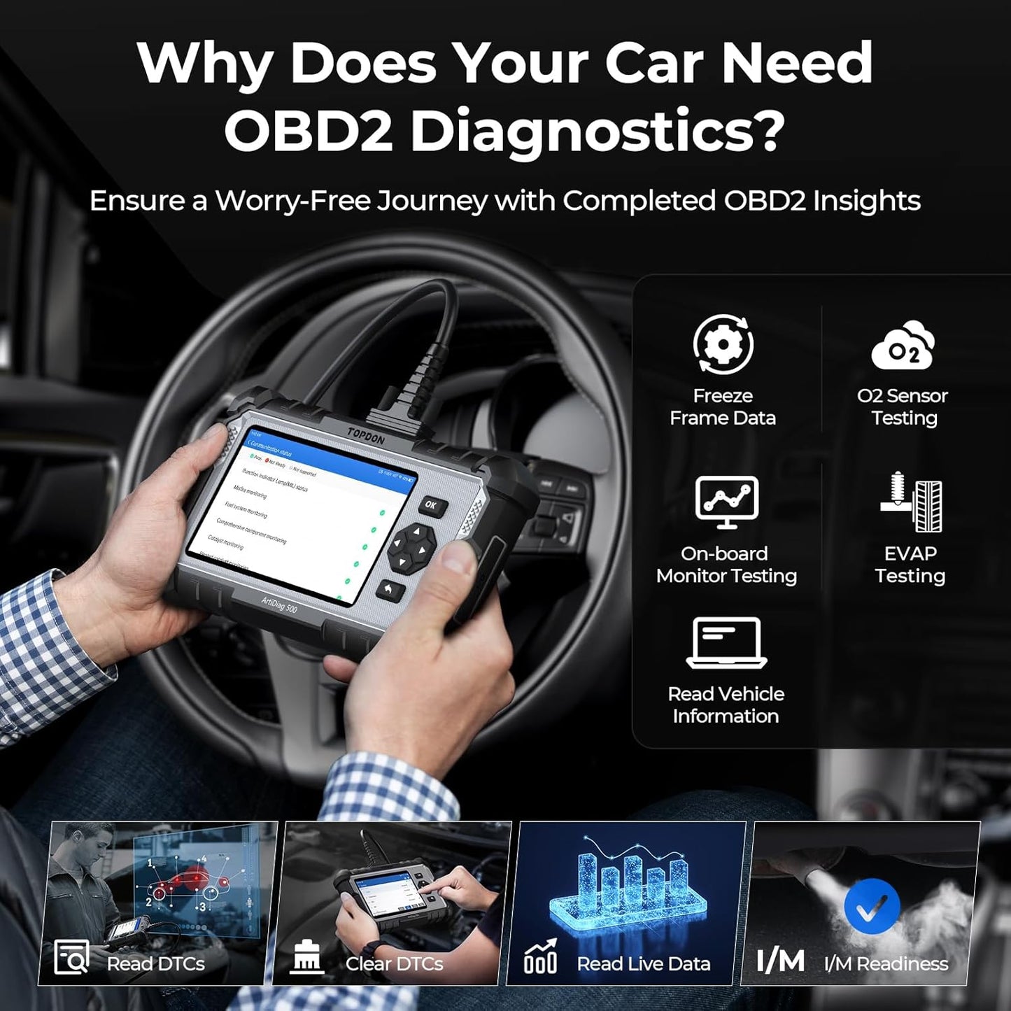 TOPDON AD500 OBDi TOPDON AD500 OBD2 Scanner Car Code Reader Scan Tool, Engine ABS SRS Transmission Diagnostics Tool, Oil/Throttle/SAS/TPMS/BMS/EPB Reset Car Scanner, Free Upgrade for DIY