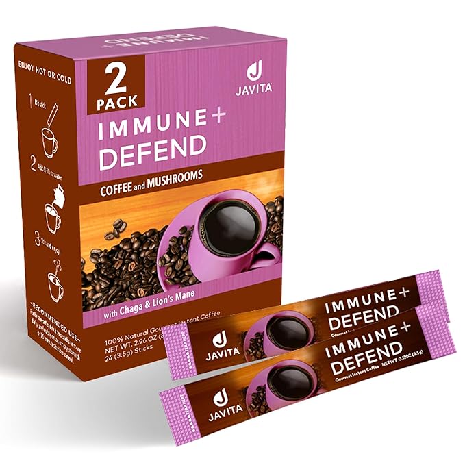 Mushroom Coffee by Javita, Immune & Defend Blend of Chaga, Lion's Mane and Dark Roast Coffee for Morning Boost, Antioxidant Support; Keto-friendly, 24 (3.5g) Sticks, 2 boxes