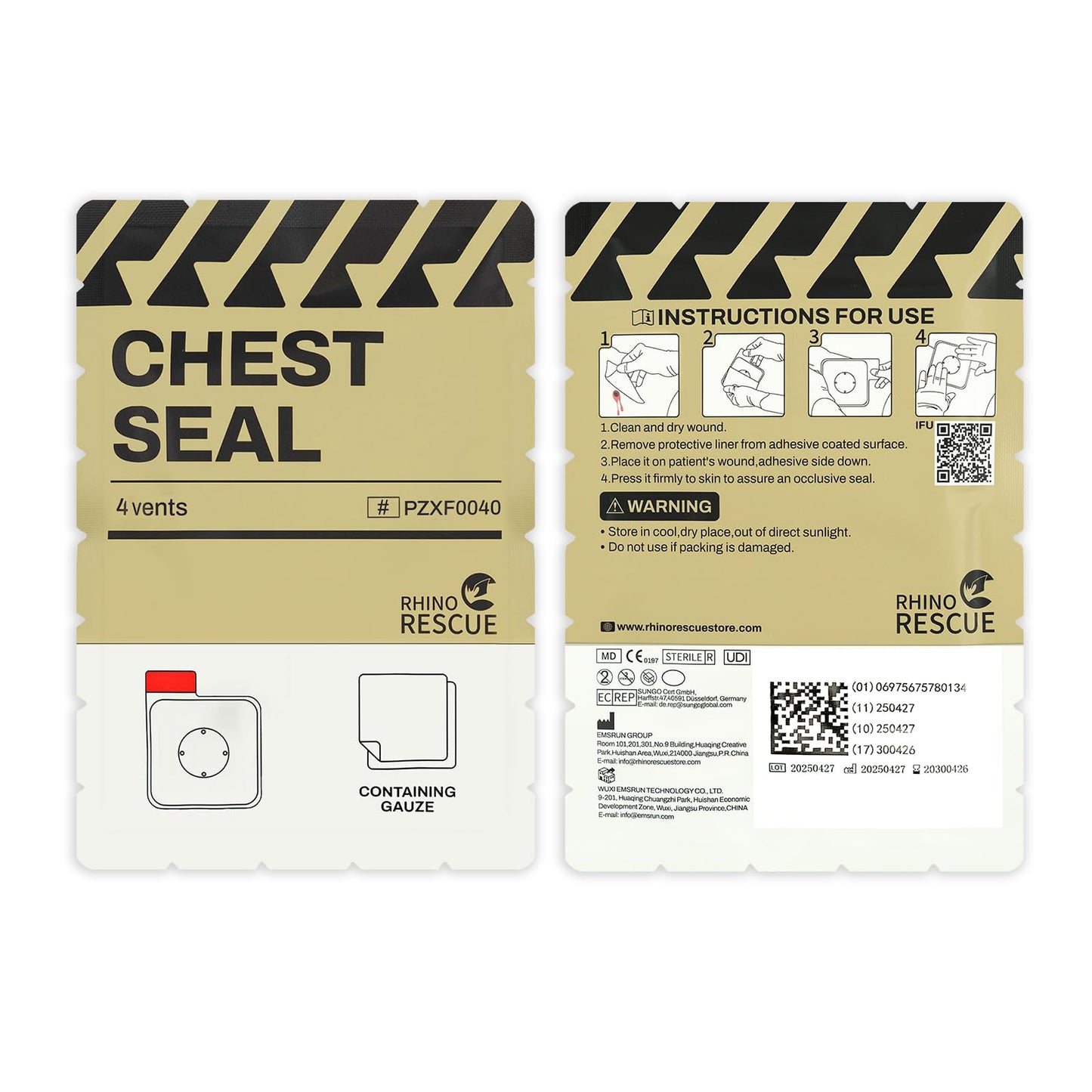RHINO RESCUE Vented Chest Seal, 4 Vents, Sterile Emergency Trauma Dressing, Occlusive Adhesive Pad, IFAK Trauma Refill Medical First Aid Supplies for Wound Care, Gunshot Wound, Sucking Chest(2 Count)
