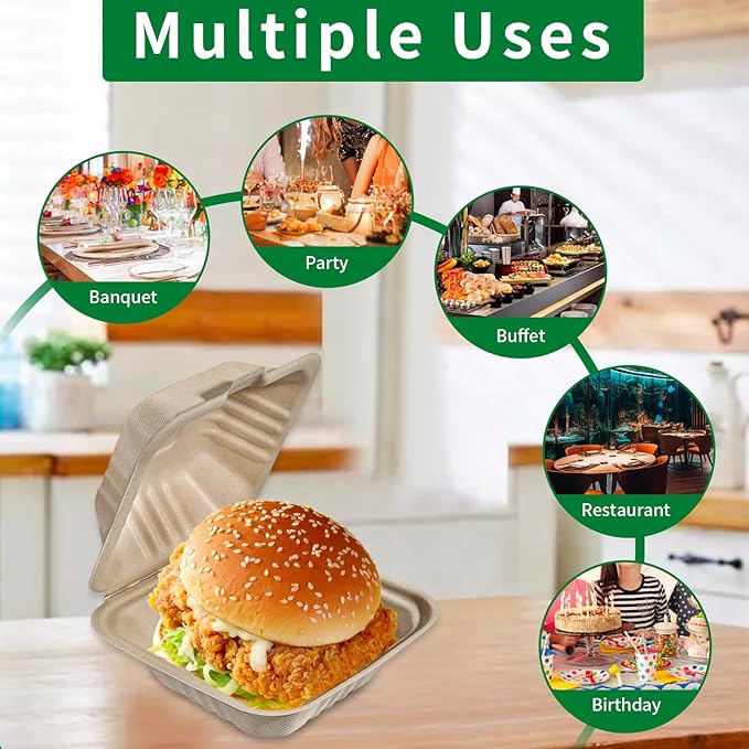 Aricsen Compostable 50 Pack 6x6 Inch Disposable Square Small Lunch Box Takeout Containers with Lid To Go Take Out Clamshell for Food, Eco-Friendly Biodegradable Bagasse, PFAS-Free, Unbleached Brown