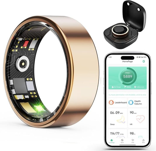 Smart Wellness Ring, Stylish Fitness Tracker with Heart Rate, Blood Oxygen, Blood Pressure, Sleep & Step Monitor. IP68 Waterproof, No Subscription, iOS & Android Compatible (Gold, 10)