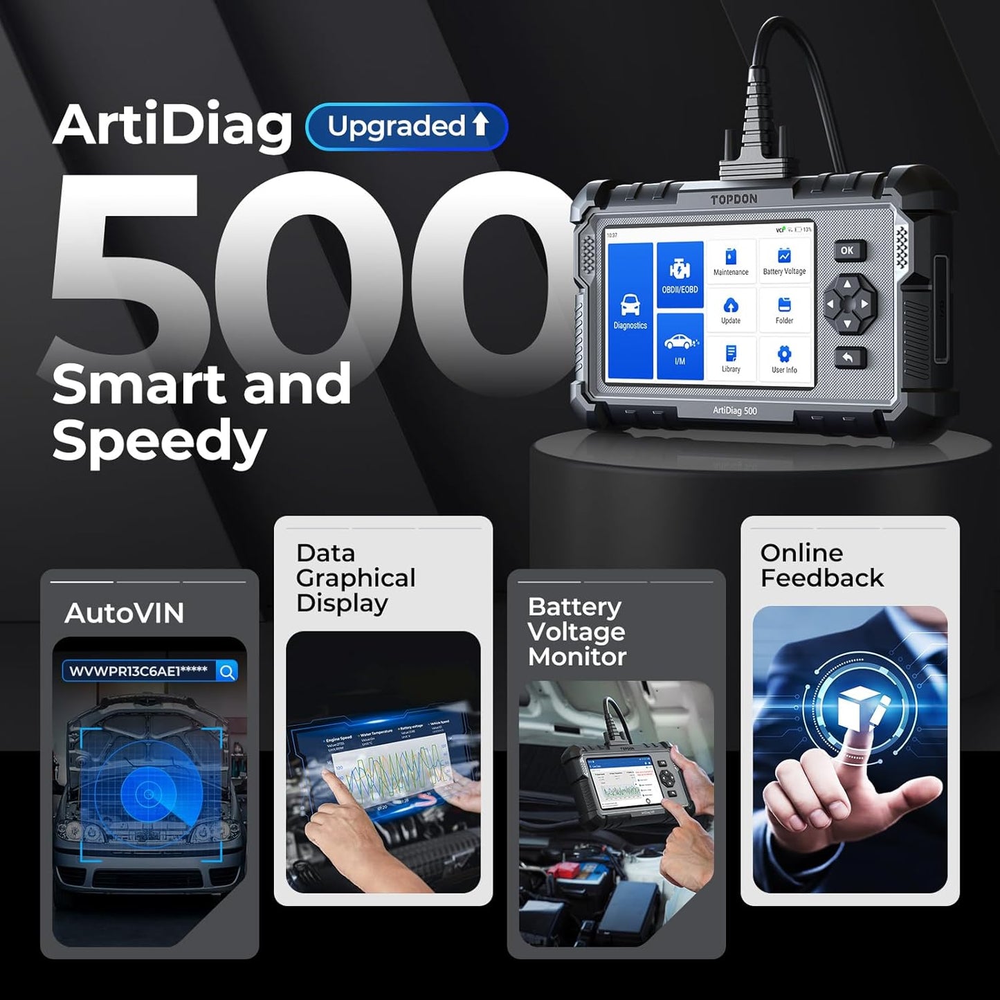 TOPDON AD500 OBDi TOPDON AD500 OBD2 Scanner Car Code Reader Scan Tool, Engine ABS SRS Transmission Diagnostics Tool, Oil/Throttle/SAS/TPMS/BMS/EPB Reset Car Scanner, Free Upgrade for DIY