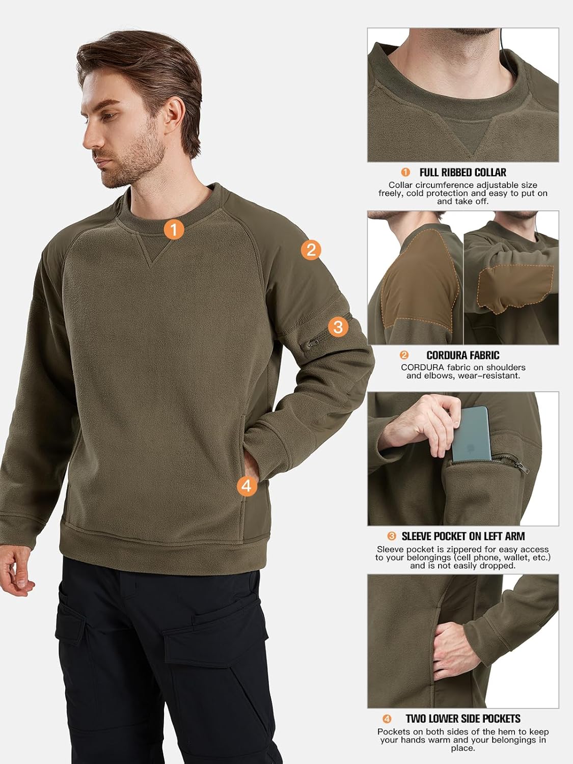 FREE SOLDIER Men's Tactical Winter Fleece Pullover Hoodie Warm Long Fleece lined Hooded Sweatshirt