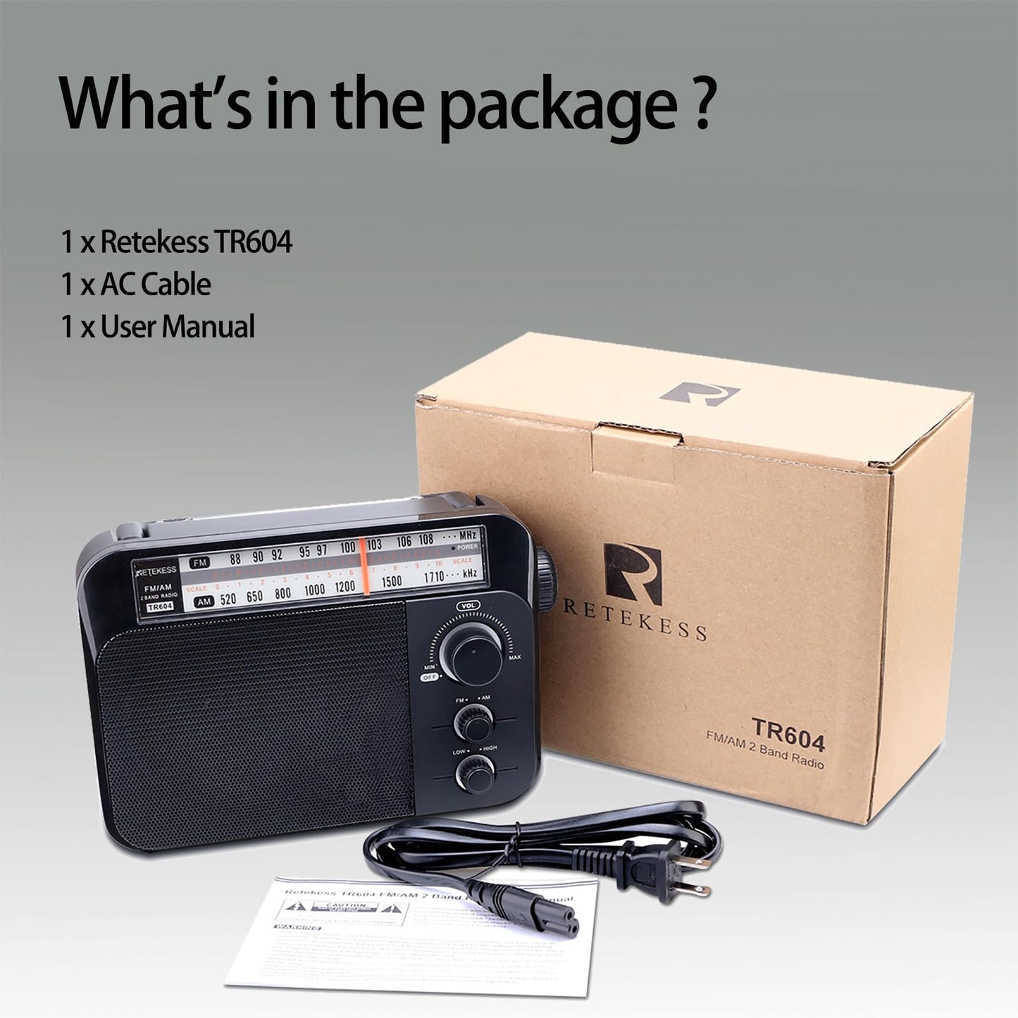 Retekess TR604 AM FM Radio,Portable Radio Plug in Wall,D Battery Operated,Large Dial,High/Low Tone Mode,Big Speaker,Earphone Jack,for Home,Picnic,Senior