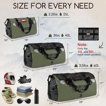 Waterproof Duffel Bag - Motorcycle Dry Bag Tail Bag with Large Storage Space, Waterproof Luggage Duffle Bags with Outer Mesh Zipper Pocket for Camping, Kayaking, Fishing & Traveling