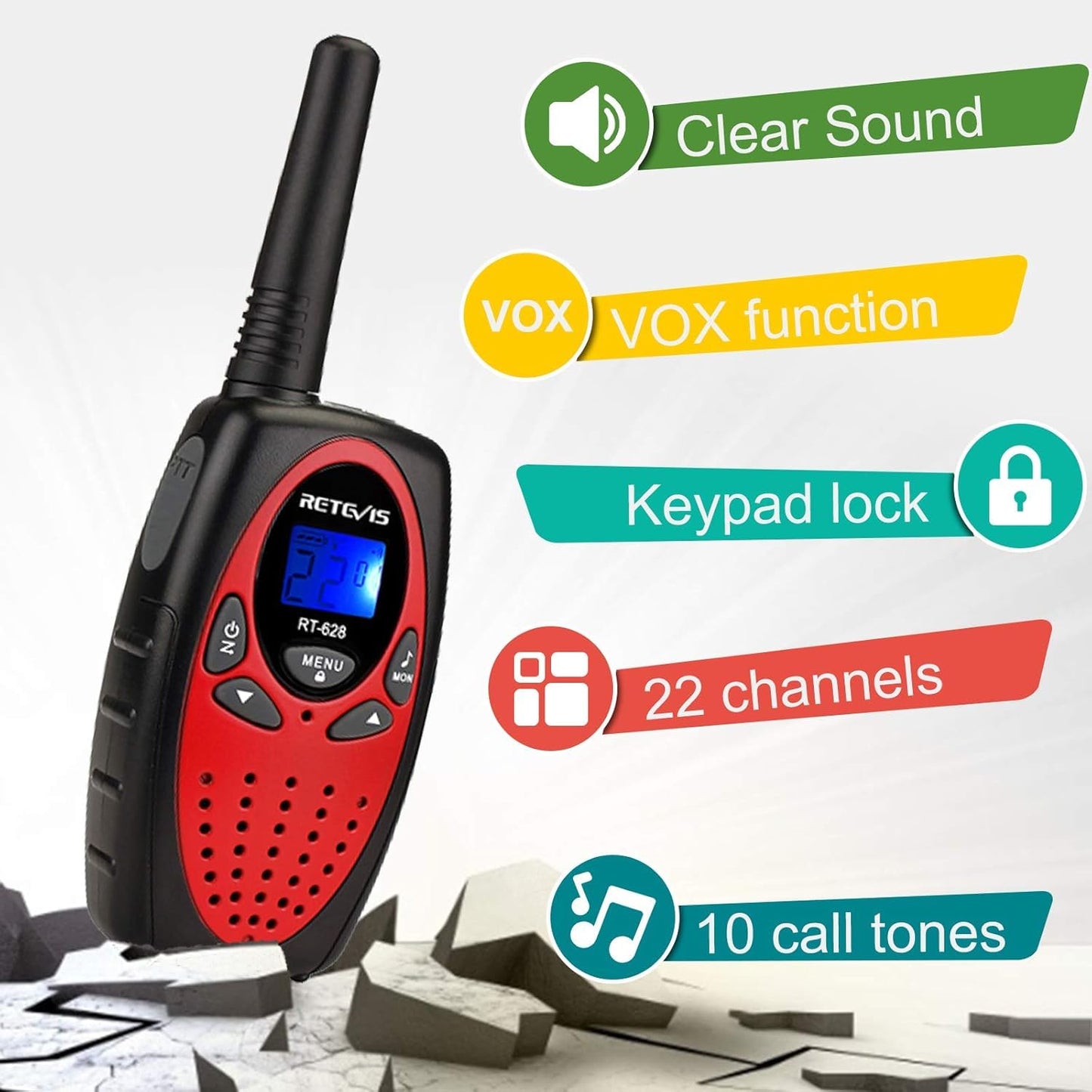 Retevis RT628 Rechargeable Walkie Talkies for Kids, 22 Channels 2 Way Radio with Backlit LCD Screen VOX, Kids Toys for 6-12 Years Old Boys Girls Birthday Gift, Indoor Outdoor Adventure(Red, 2 Pack)