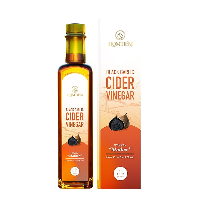 Homtiem Black Garlic Cider Vinegar – Naturally Fermented Vinegar Made with Black Garlic and Cider Vinegar, Gluten Free, Rich in Health Benefits, Ideal for Salad Dressings, Sauces, Drinks, and Healthy Recipes (350ml)