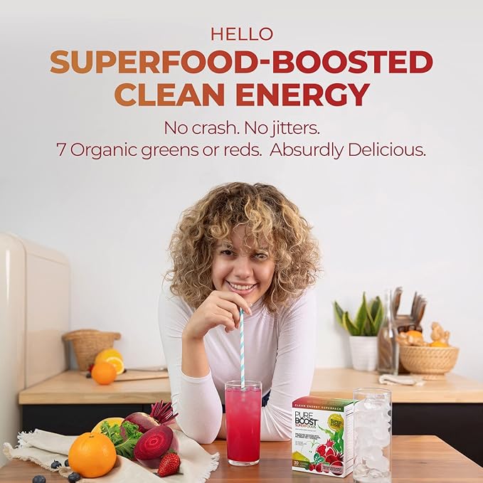 Pureboost Superfoods Clean Energy Booster, Energy Drink Mix Powder with 7 Organic Green Superfoods; Spirulina, Kale, Broccoli and Vitamins, Green Apple, Pineapple, Mango (Green Mojo, 30 Count)