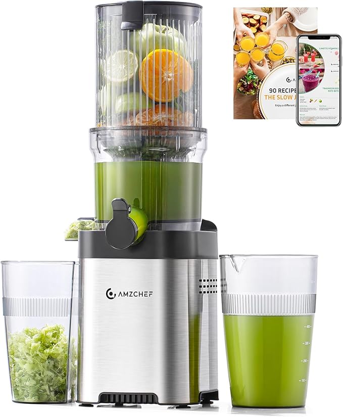 AMZCHEF Cold Press Juicer, Juicer Machines - 4.6" Large Feed Chute for Whole Fruits & Vegetables, Stainless Steel Slow Masticating Juicer Easy to Clean, Large Auger, Double Strainers, Silver