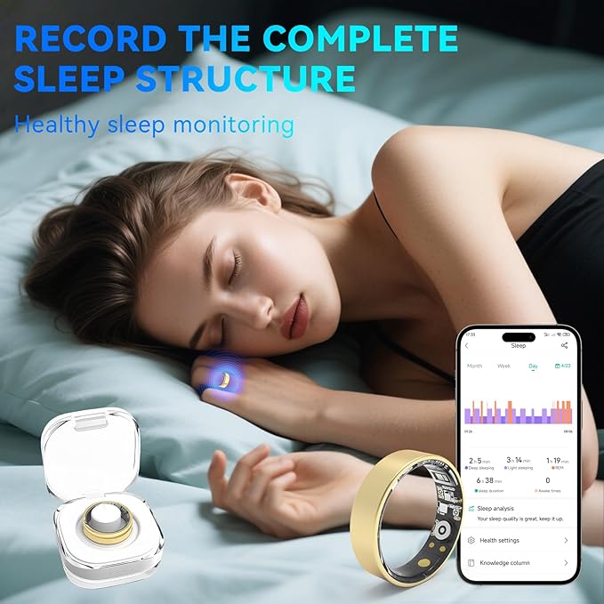 Smart Rings for Women Men,Fitness Tracker Ring,Heart Rate,Blood Oxygen,Blood Pressure,Step Tracker,Sleep Monitoring,No Subscription Fee,IP68 Waterproof Smart Ring for iPhone&Android(Gold 7)