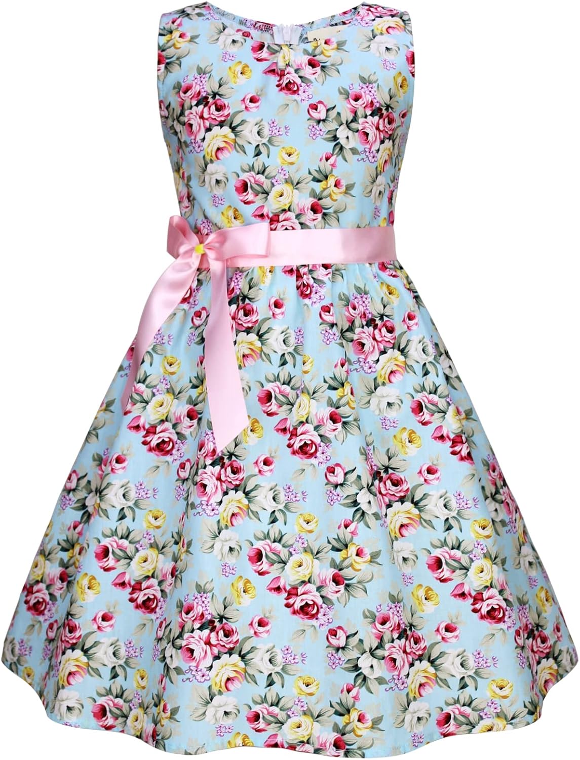 Girls Floral Cotton Dress - Sleeveless Summer Dress with Zipper Closure