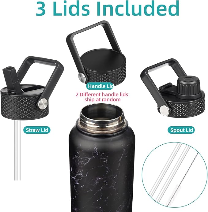Insulated Water Bottle 24oz Stainless Steel Sport Bottles with 3 Lids,Marble Midnight