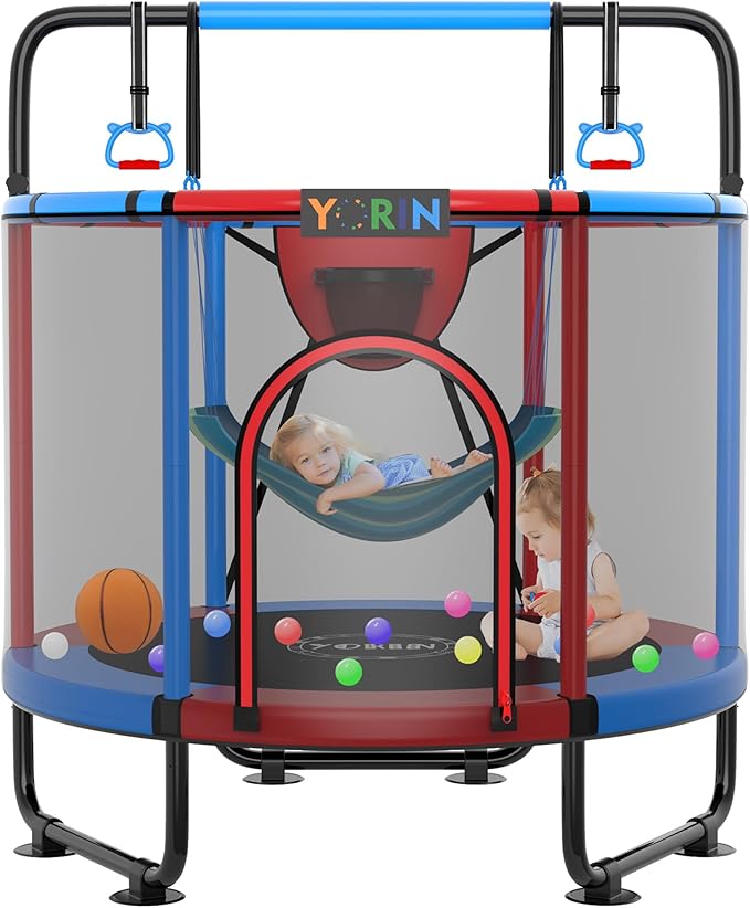 YORIN Trampoline for Kids 66'' 60'' 55'' Toddler Mini Small Trampoline Outdoor Indoor Trampoline W Basketball Hoop, Swing, Adjustable Gymnastics Bar, Gift for Baby, Toddlers & Kids