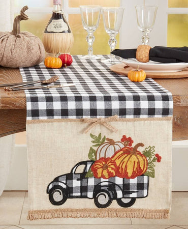 Fennco Styles Plaid Truck & Pumpkins Design Linen Blend Table Runner 16" W X 70" L - Black & White Holiday Table Cover for Home Décor, Thanksgiving, Banquets, Family Gatherings and Special Occasions