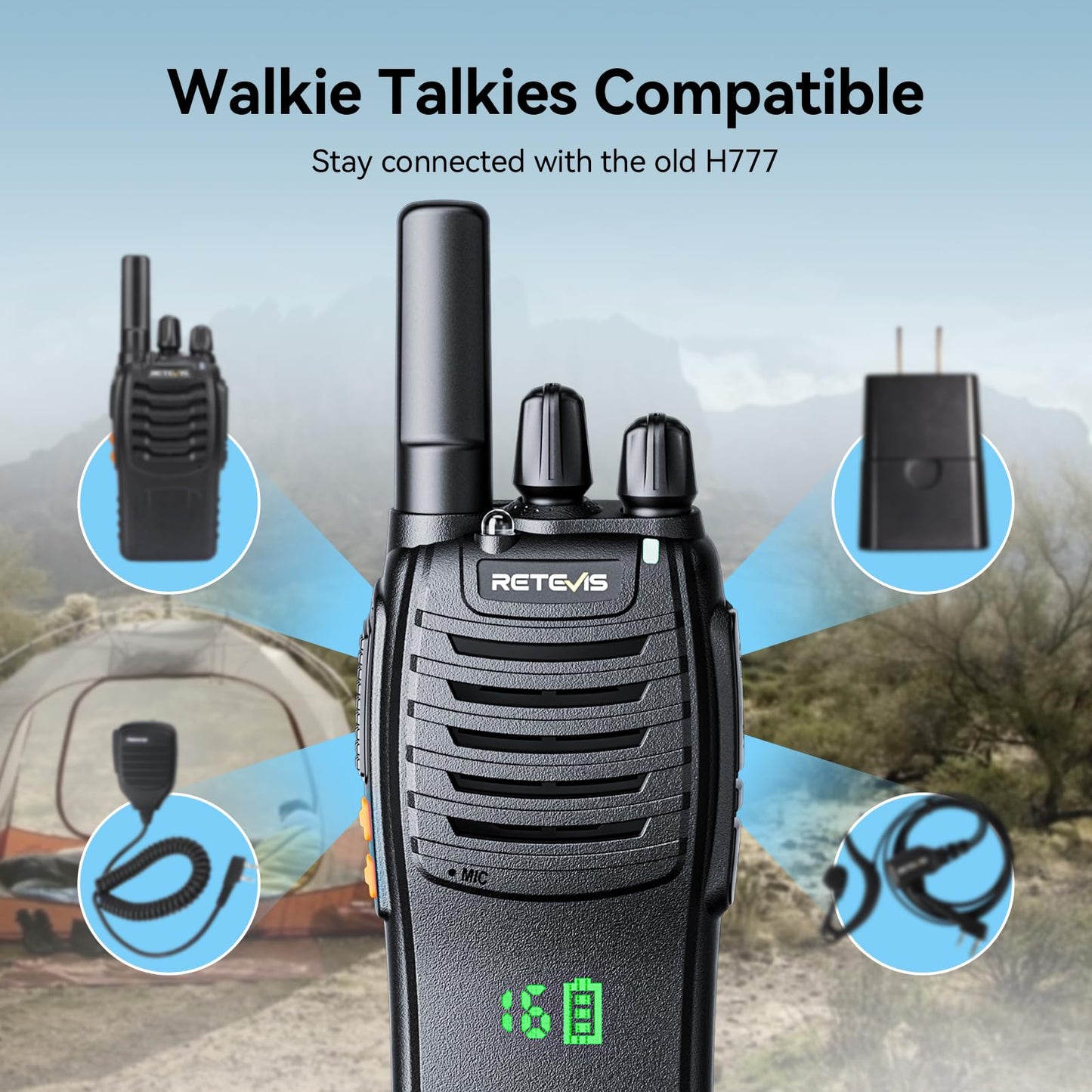 Retevis H-777 Walkie Talkies Rechargeable, 2 Way Radios Long Range, Portable FRS Two-Way Radios, Short Antenna, LED Flashlight, for Adults Family Outdoor (3 Pack)