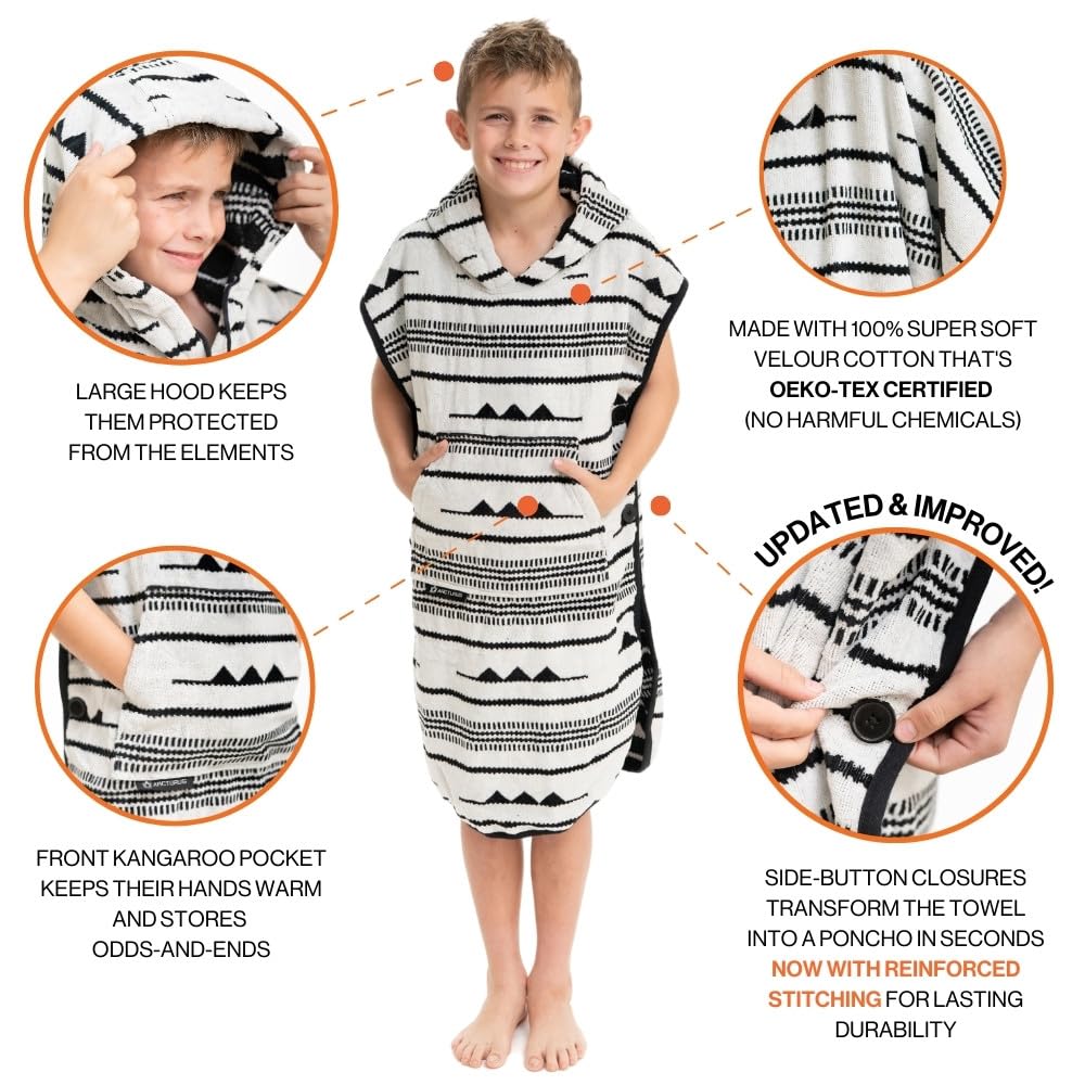 Arcturus Surf Poncho | Hooded Changing Towel & Cover-Up | 100% Cotton Velour | 2-in-1 Design Converts Your Poncho to a Beach Towel (Blackies, Kids)