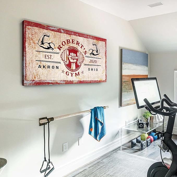 Tailored Canvases Personalized Gym Sign Wall Art Decor - Motivational Canvas for Home Gym, Workout Room, Garage, Fitness Center - Workout Inspirational Posters - One Hand Dumbbell on Rustic Red, 36x12in
