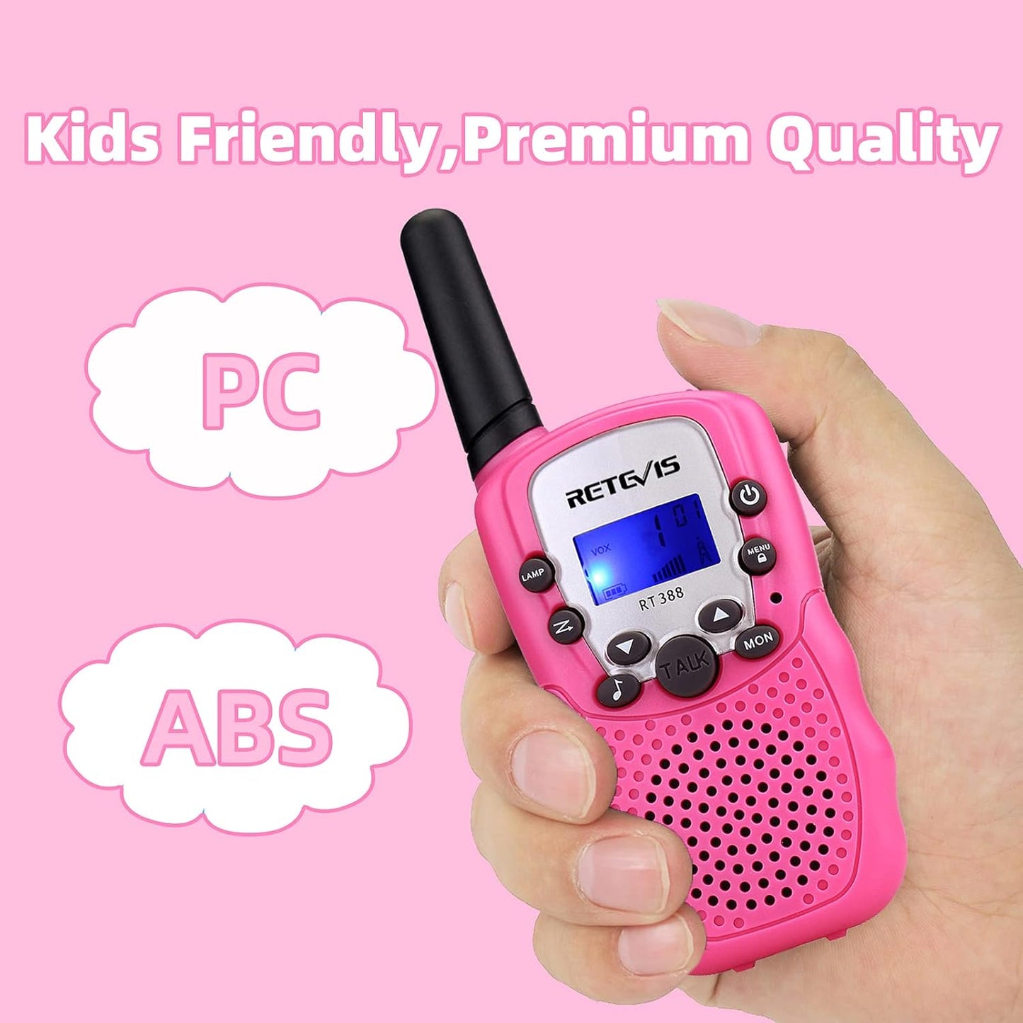 Retevis RT388 Rechargeable Walkie Talkies for Kids, Toys Gifts for Aged 6-12 Girls, VOX, Keypad Lock, Stocking Stuffer, Pink Walkie Talkies 2 Pack, for Grandkids Family Camping Hiking
