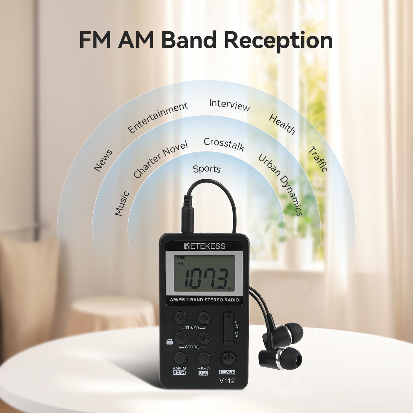Retekess V112 AM FM Portable Pocket Radio, FM Receiver, Digital Tuning Stereo, with Headphones, Rechargeable Battery, for Walking, Jogging, Training, Church (Red)
