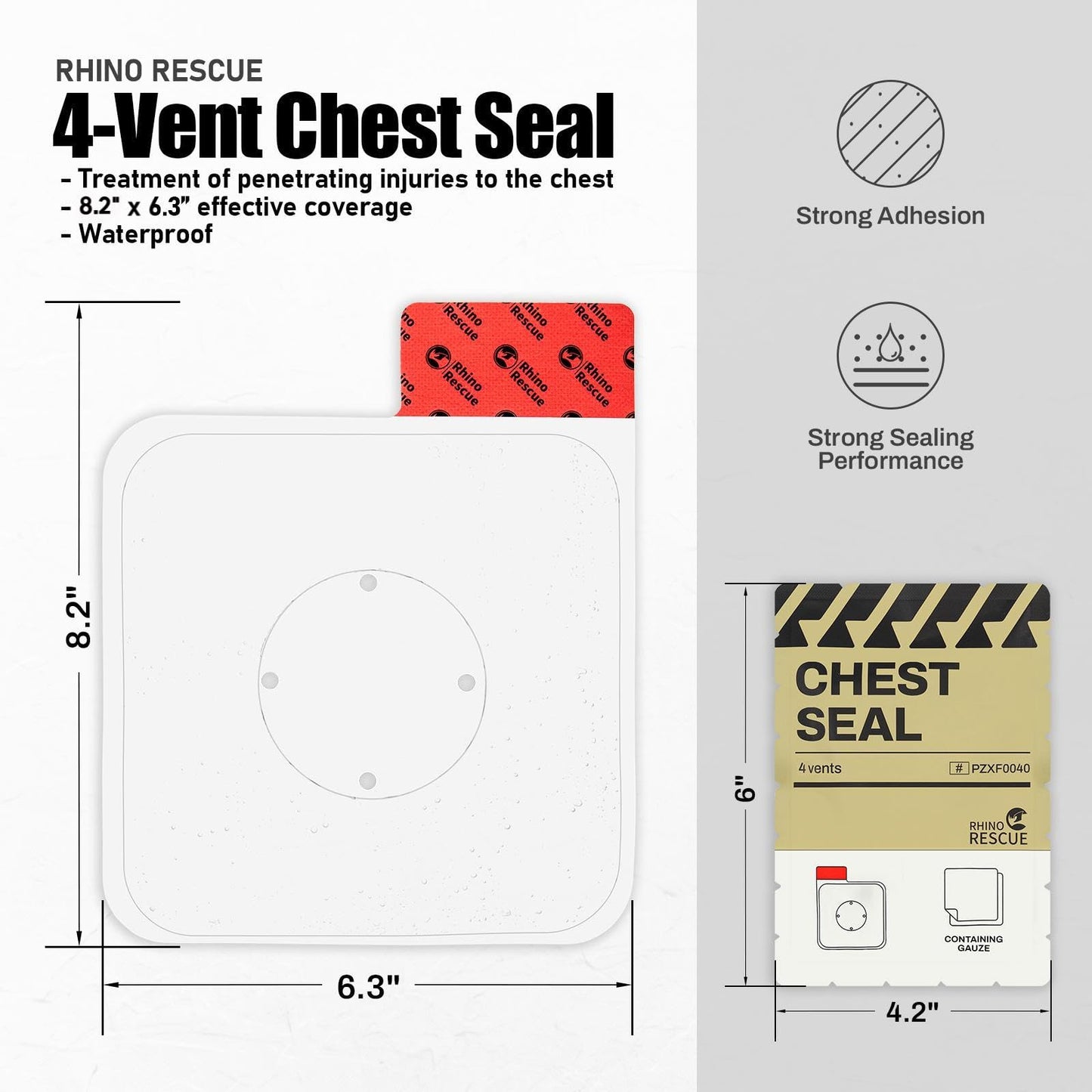 RHINO RESCUE Vented Chest Seal, 4 Vents, Sterile Emergency Trauma Dressing, Occlusive Adhesive Pad, IFAK Trauma Refill Medical First Aid Supplies for Wound Care, Gunshot Wound, Sucking Chest(2 Count)