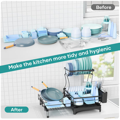 Gtyasm Extendable 2Tier Dish Drying Rack Drainboard & Cutlery Holder Black Large