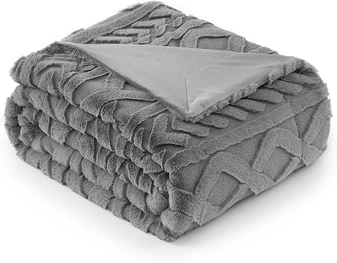 Cozy Bliss Faux Fur Throw Blanket for Couch, Jacquard Fuzzy Plush Soft Thick Winter Throw Blanket for Sofa Bed Living Room Bedroom，60"x80" Grey