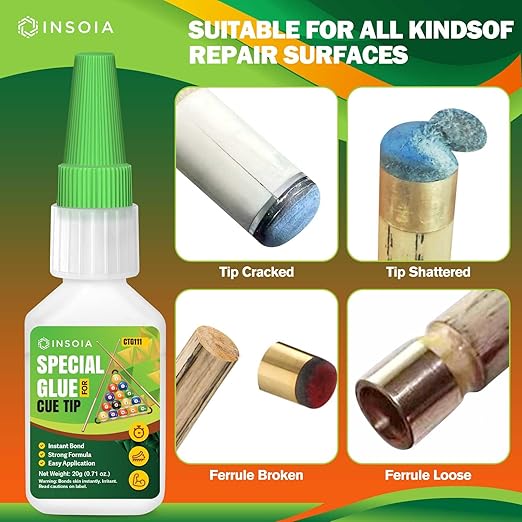 Pool Cue Tip Glue, 20g Clear Billiard Cue Adhesive for Pool Stick Repair & Tip Replacement, Heavy Duty Super Adhesive for Snooker Cue, Pool Cue Accessories - No Tip Clamp Needed