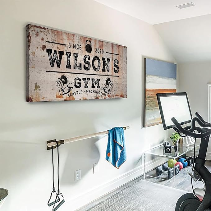 TAILORED CANVASES Personalized Gym Sign Wall Art Decor - Motivational Canvas s for Home Gym, Workout Room, Garage, Fitness Center - Workout Inspirational Posters - Kettlebell on Rustic, 20x10in