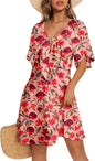 Women's Deep V-Neck Mini Dress with Bow Tie - Elegant Summer Fall Outfit