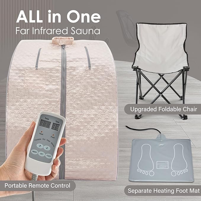 Smartmak Far Infrared Sauna, Full Body One Person Portable SPA Set with Time & Tempreture Remote Control, Heating Foot Pad and Foldable Reinforced Chair (L 27.6’’ x W 31.5’’ x H 37.8’’)- Pearl Pink