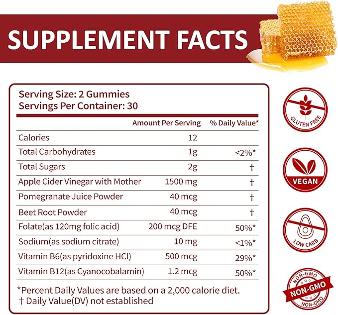 Keto ACV Gummies - 1500mg Apple Cider Vinegar Gummies with Pomegranate Beetroot & Vitamin B12 B6 - Lemon Honey Flavor - for Men & Woman - GMO Free & Vegan - 120 Count